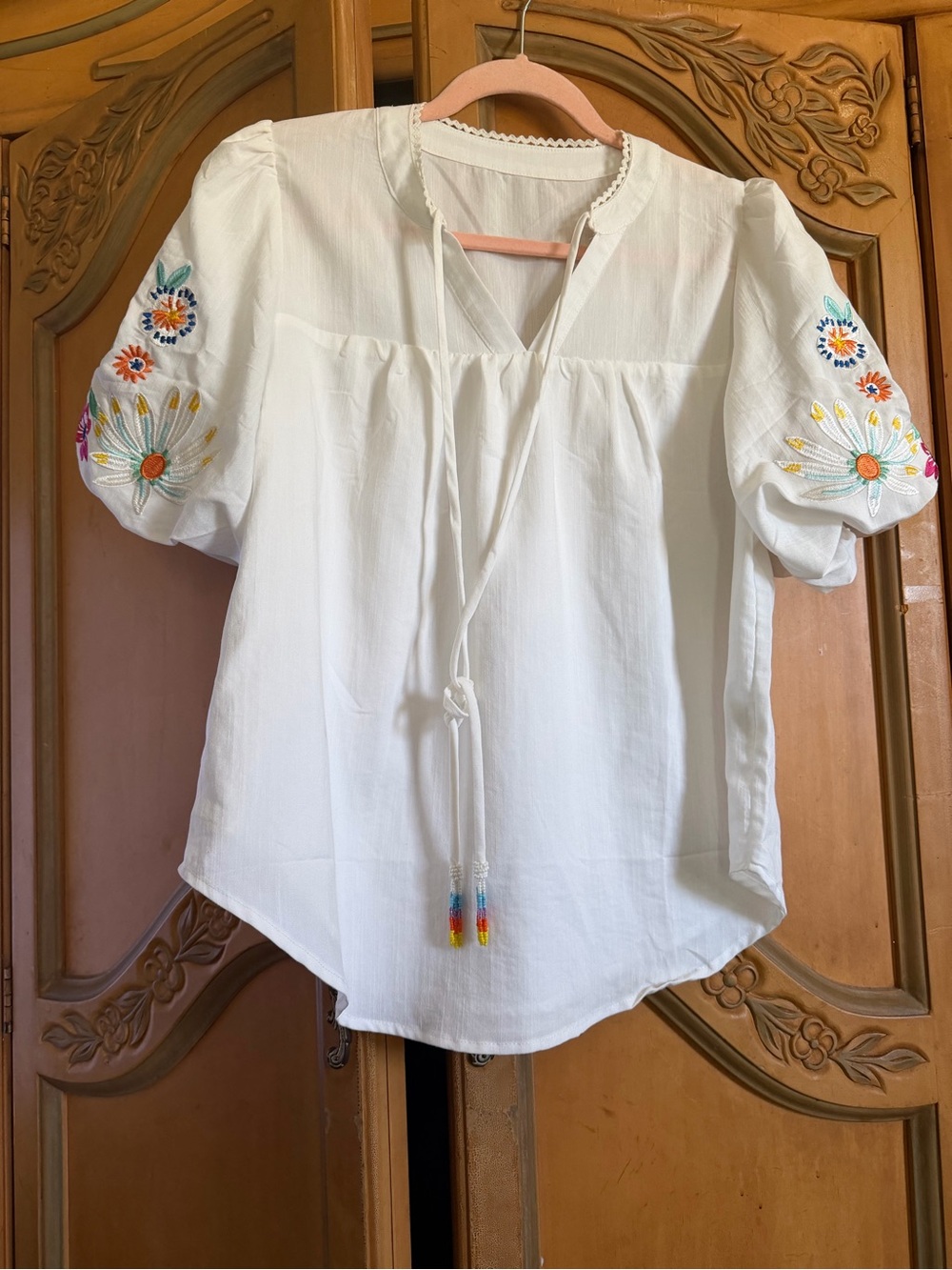 Embroidered Puff Sleeve Peasant Top - White - Picture 3 of 9
